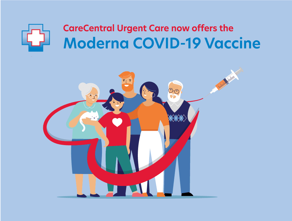 CareCentral Urgent Care now offers the Moderna Covid-19 Vaccine - illustration of family wrapped in a heart and syringe to represent vaccine protection